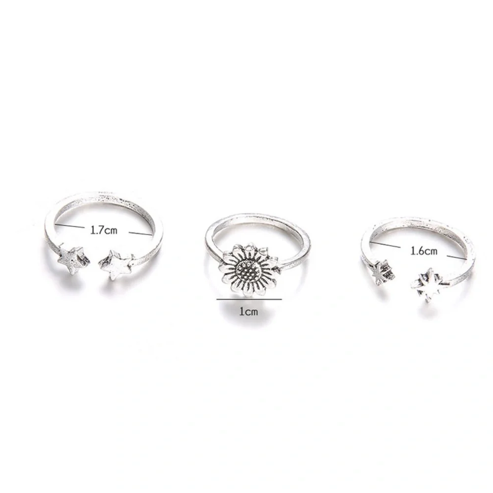 *ALIZ* 3-Pc Silver Star x Flower Fashion Ring Set
